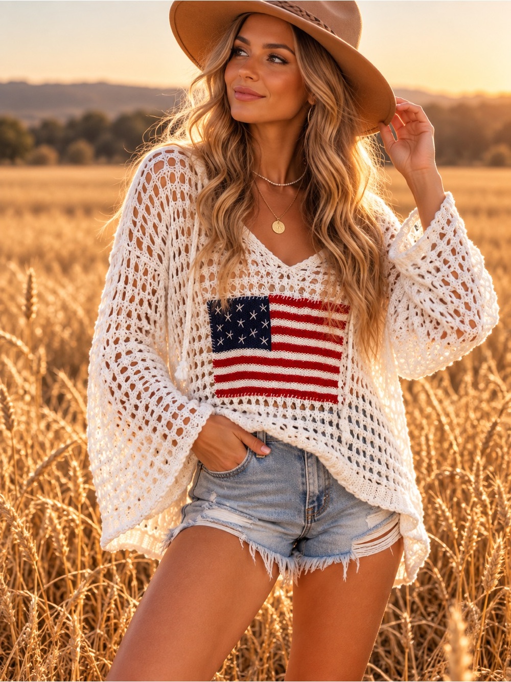 POL White Crochet V-Neck Hoodie with Flag Patch szie M